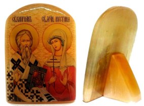 Именная икона из селенита "Св. Киприан и Св. Иустина" 