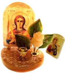 Икона большая с подсвечником из селенита, с цветами 110*100*65 мм"Архангел Михаил"(с молитвой)