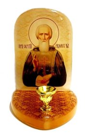 Икона с подсвечником из селенита "Сергий Радонежский" 