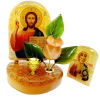 Икона большая с подсвечником из селенита,с цветами 110*100*65 мм"Спаситель Иисус Христос"