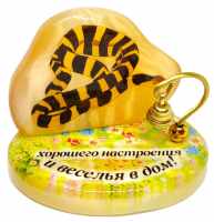 Символ года 2025 из селенита с колокольчиком "Хорошего настроения и веселья в дом!"