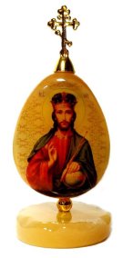 Икона из селенита яйцо на подставке с крестом &quot;Иисус Господь со скипетром и державой&quot; 
