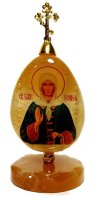 Икона из селенита яйцо на подставке с крестом"Ксения Петербургская"