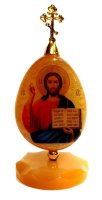 Икона из селенита яйцо на подставке с крестом "Спаситель Иисус Христос"