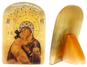 Икона из селенита с подставкой "Божией Матери Волоколамская" 