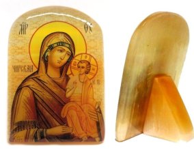 Икона из селенита с подставкой "Божией Матери Чирская" 