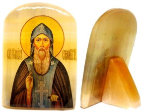 Икона из селенита с подставкой "Нил Столобенский" 