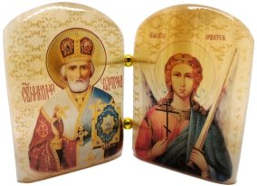 Икона из селенита двойная "Николай Чудотворец и Ангел Хранитель" 