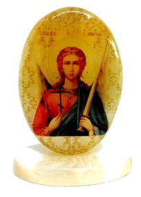 Икона из селенита овал на поставке с фоном "Ангел хранитель" 