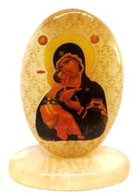 Икона из селенита овал на поставке с фоном "Б. М. Владимирская" 