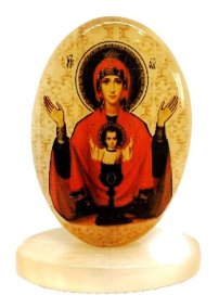 Икона из селенита овал на поставке с фоном "Б. М. Неупиваемая чаша" 