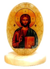 Икона из селенита овал на поставке с фоном "Иисус господь вседержитель" 
