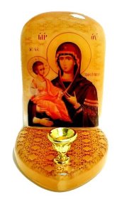 Икона с подсвечником из селенита "Б. М. Троеручица" 