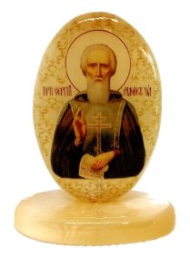 Икона из селенита овал на поставке с фоном "Прп. Сергий Радонежский" 
