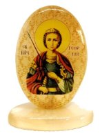 Икона из селенита овал на поставке с фоном "Св. Георгий победоносец"