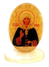 Икона из селенита овал на поставке с фоном "Св. Ксения Петербургская" 