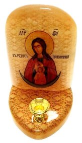 Икона с подсвечником из селенита "Божией Матери В Родах Помощница" 