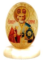 Икона из селенита овал на поставке с фоном"Св.Николай Чудотворец"
