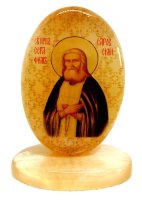 Икона из селенита овал на поставке с фоном"Св.Серафим Саровский"