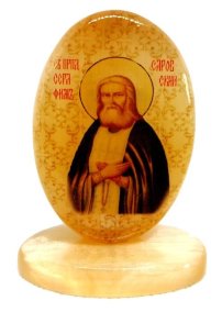 Икона из селенита овал на поставке с фоном "Св. Серафим Саровский" 