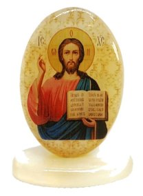 Икона из селенита овал на поставке с фоном "Спаситель Иисус Христос" 