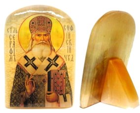 Икона из селенита с подставкой "Серафим Софийский Чудотворец" 