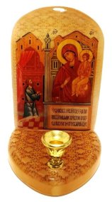 Икона с подсвечником из селенита "Божией Матери Нечаянная радость" 